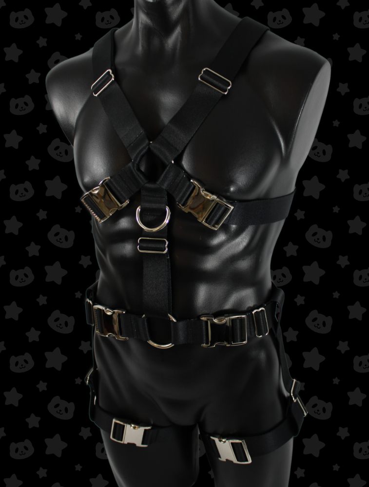 Chest Harness + Leg Straps - Black with Silver Metal Hardware