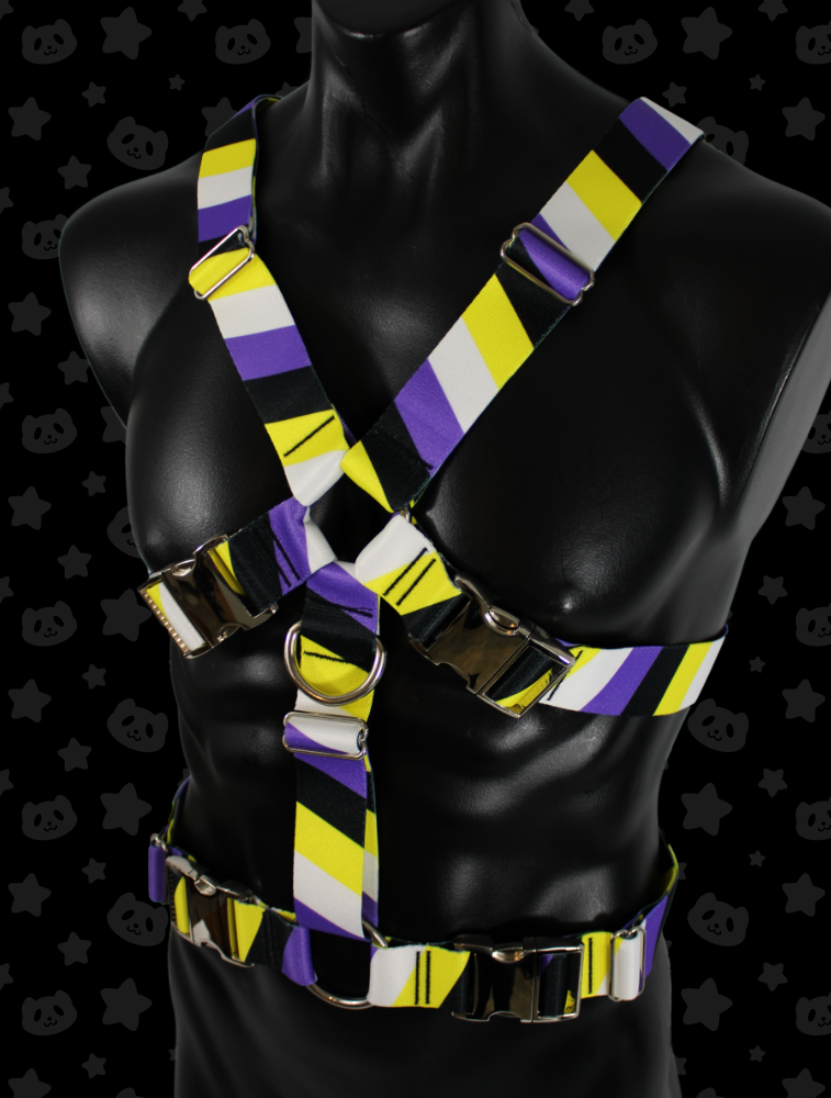 Chest Harness - Non-Binary Pride with Silver Metal Hardware