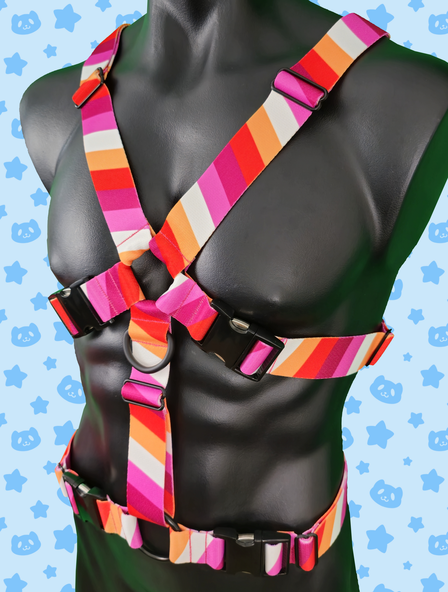 Chest Harness - Lesbian Pride with Black Metal Hardware