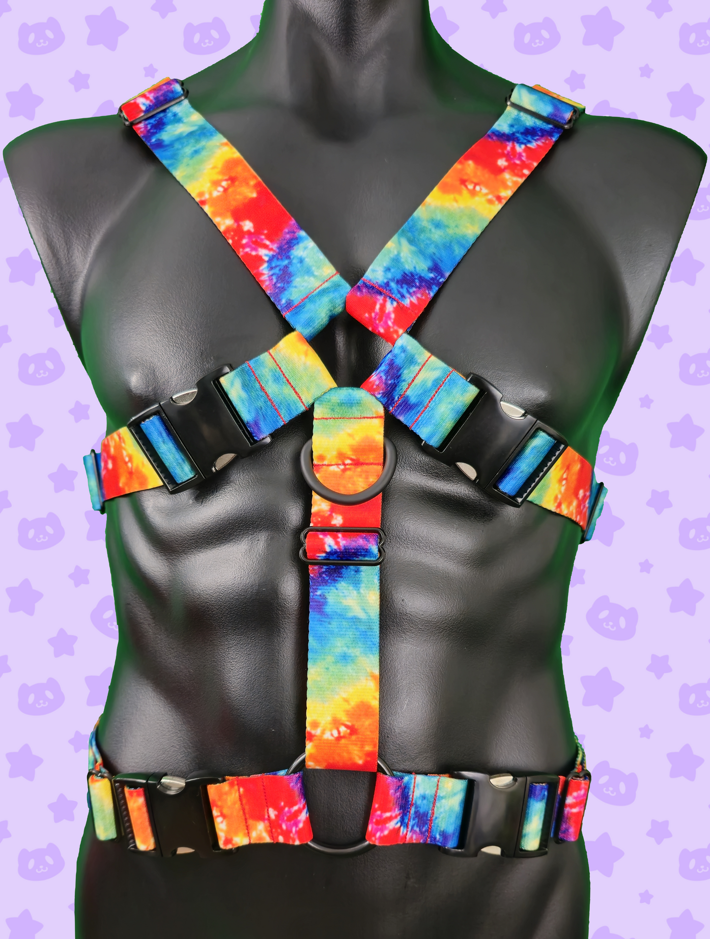 Chest Harness - Rainbow Tie-dye with Black Metal Hardware