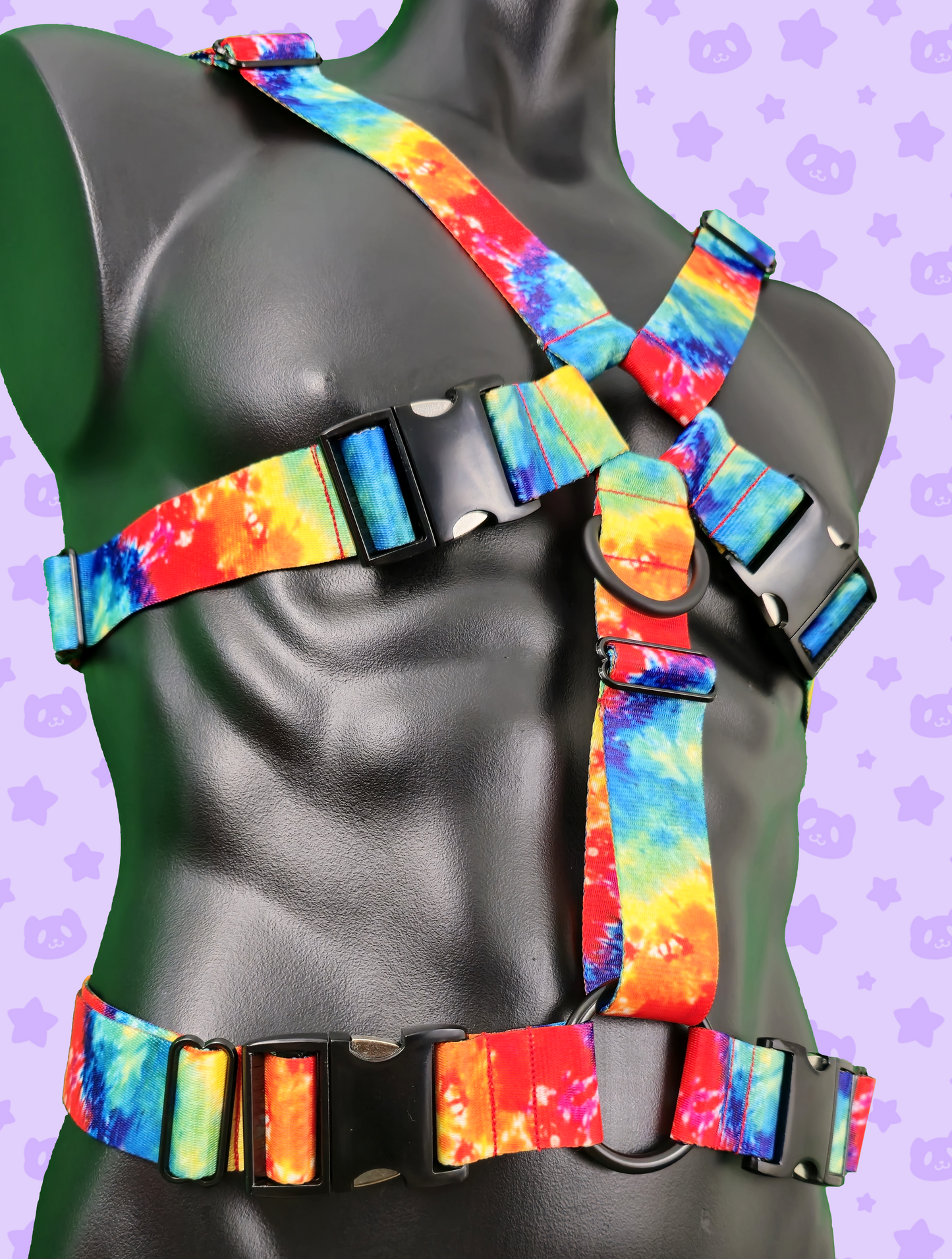 Chest Harness - Rainbow Tie-dye with Black Metal Hardware