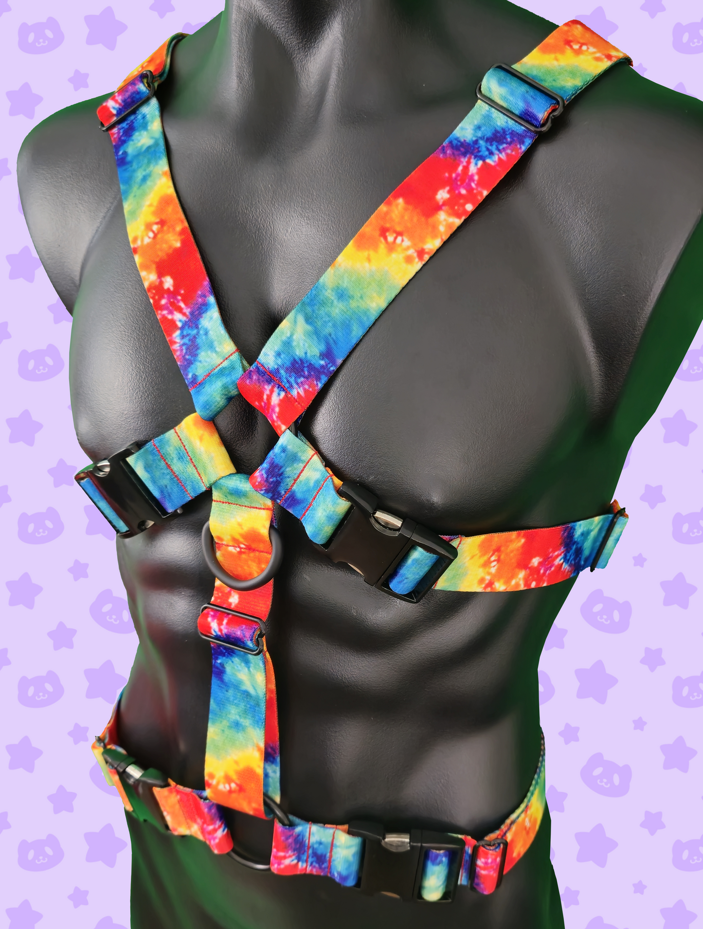 Chest Harness - Rainbow Tie-dye with Black Metal Hardware