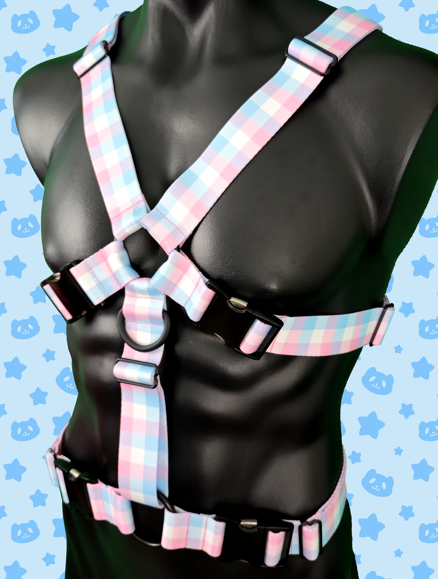 Chest Harness - Pink + Blue Plaid with Black Metal Hardware