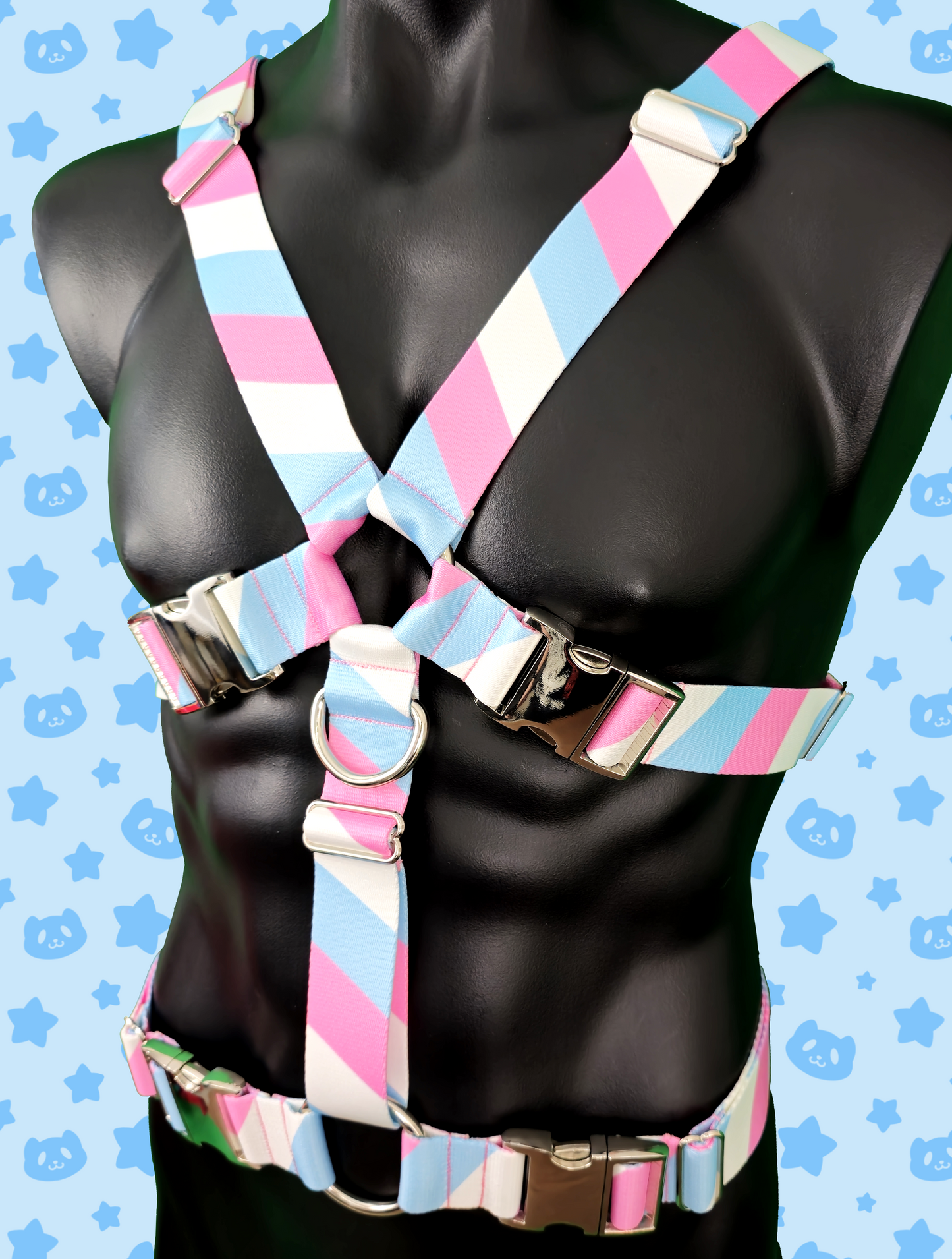 Chest Harness - Trans Pride with Silver Metal Hardware