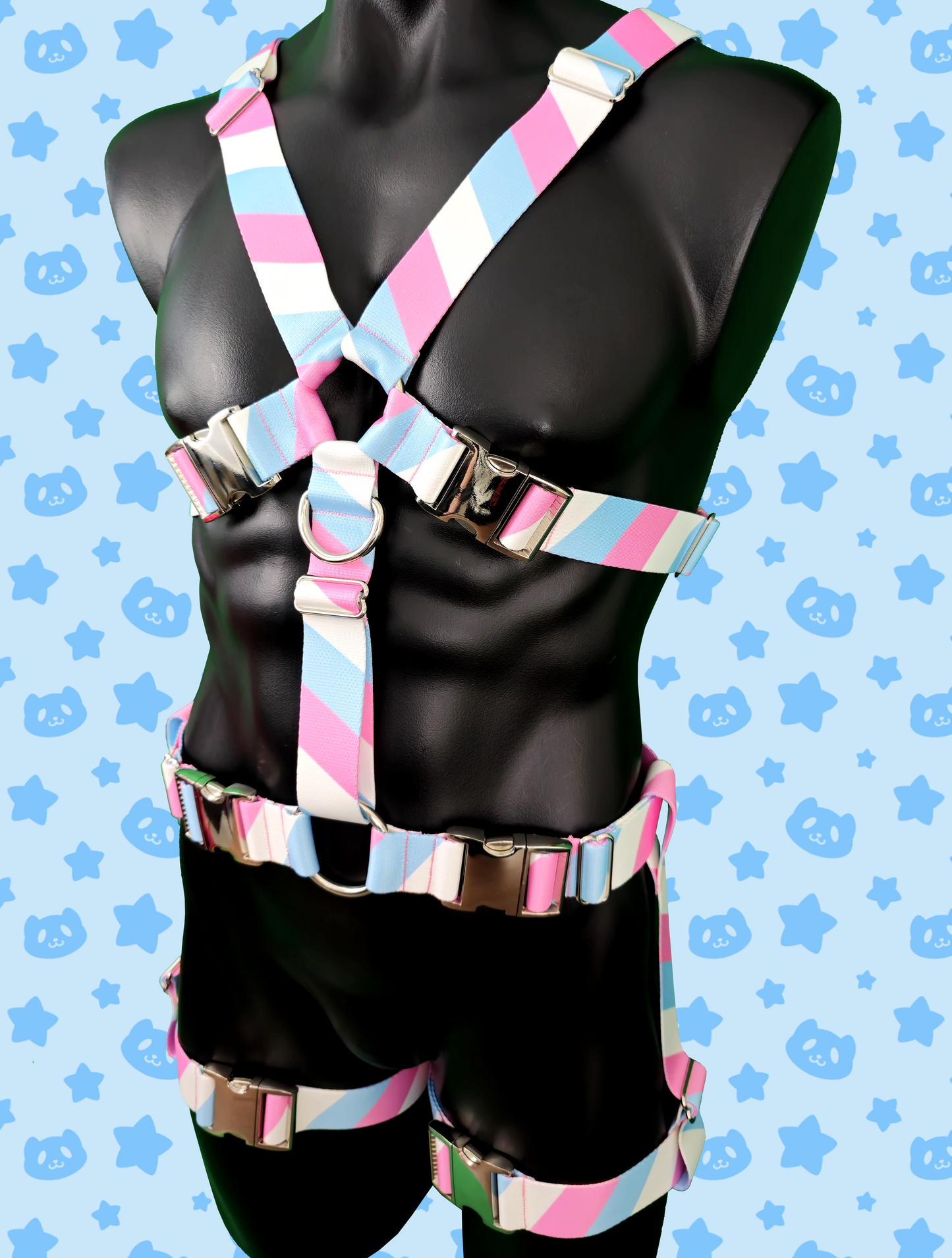 Chest Harness + Leg Straps - Trans Pride with Silver Metal Hardware