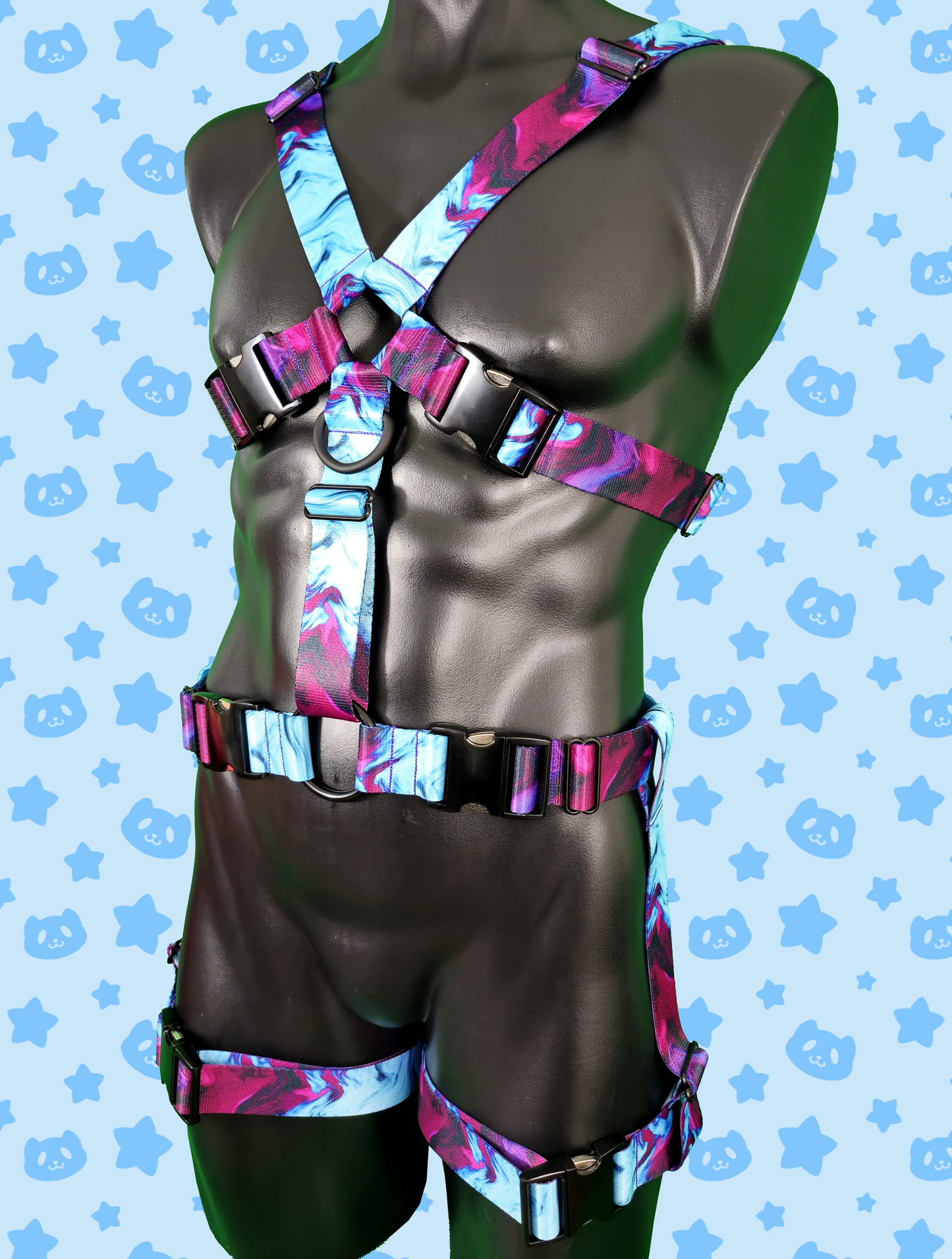 Chest Harness + Leg Straps - Whispy Purple + Blue with Black Metal Hardware