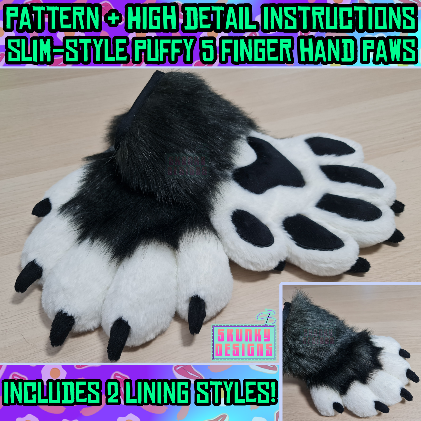 PATTERN - Slim-style puffy 5 finger hand paws + high detail instructions with TWO lining options - Digital Download