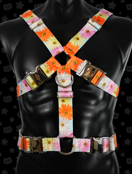 Chest Harness - Daisies with Silver Metal Hardware