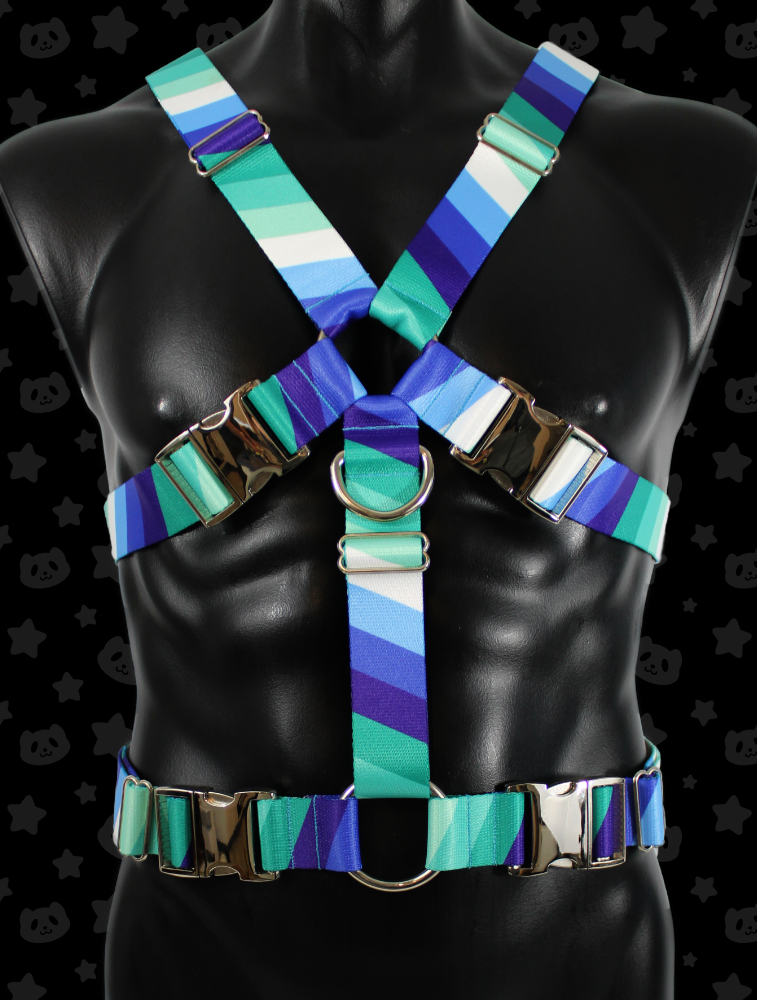 Chest Harness - MLM Pride with Silver Metal Hardware