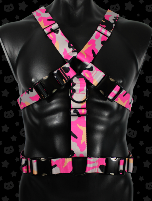 Chest Harness - Pink Camo with Black Metal Hardware