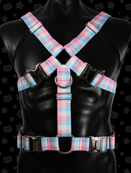 Chest Harness - Pink + Blue Plaid with Silver Metal Hardware