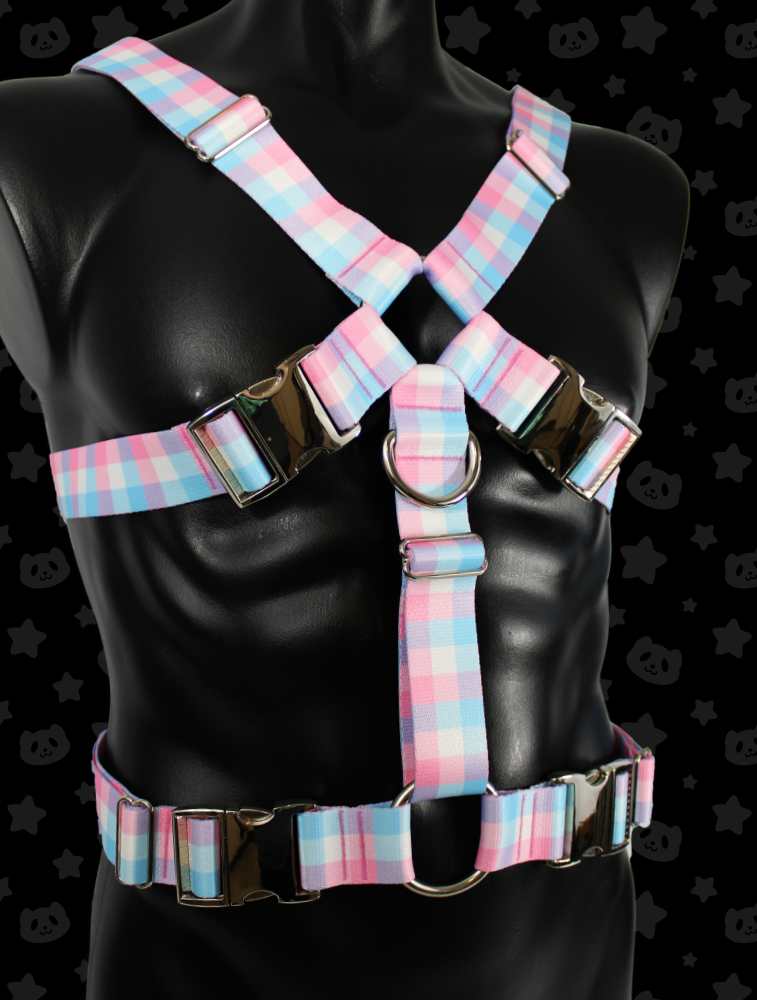 Chest Harness - Pink + Blue Plaid with Silver Metal Hardware