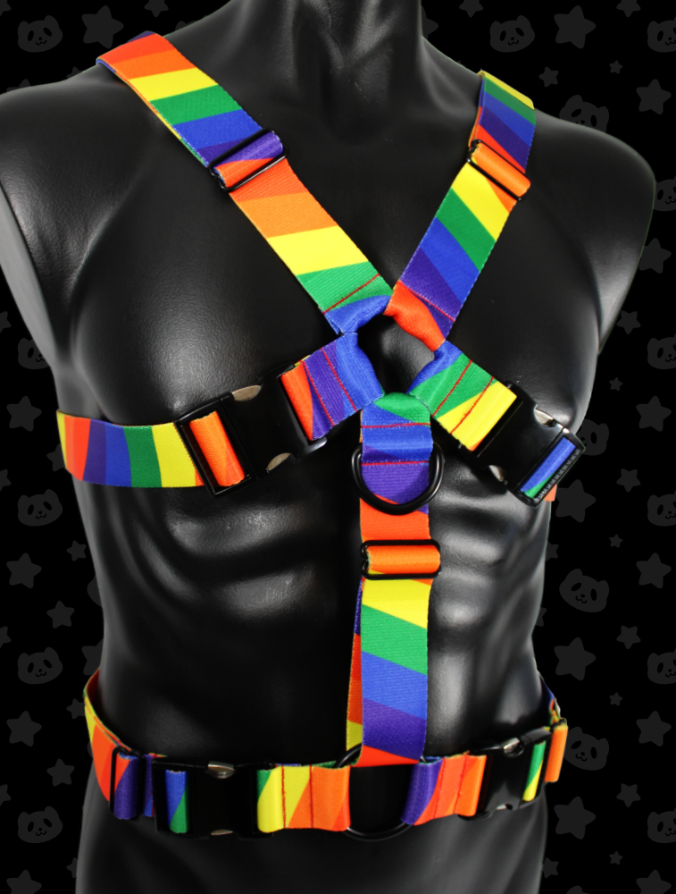 Chest Harness - Rainbow Pride with Black Metal Hardware
