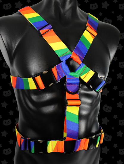 Chest Harness - Rainbow Pride with Black Metal Hardware