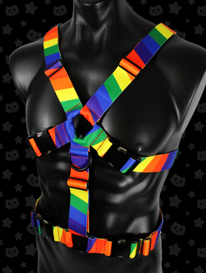Chest Harness - Rainbow Pride with Black Metal Hardware