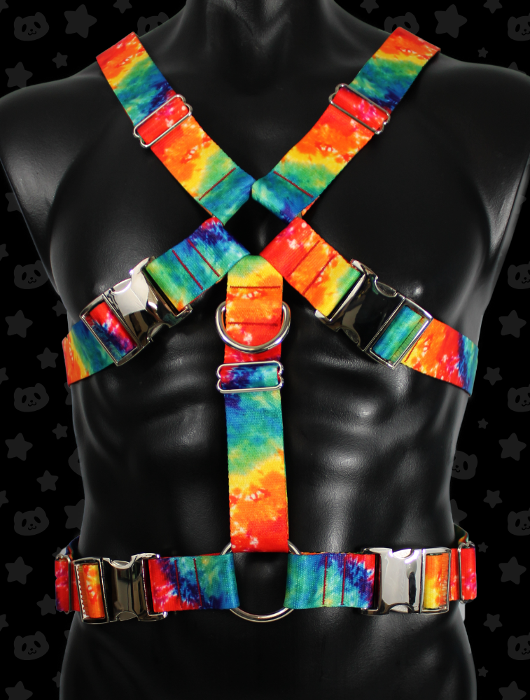 Chest Harness - Rainbow Tie-dye with Silver Metal Hardware