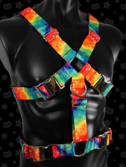 Chest Harness - Rainbow Tie-dye with Silver Metal Hardware