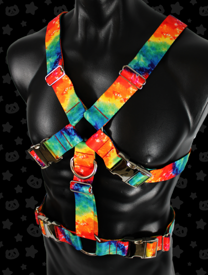 Chest Harness - Rainbow Tie-dye with Silver Metal Hardware