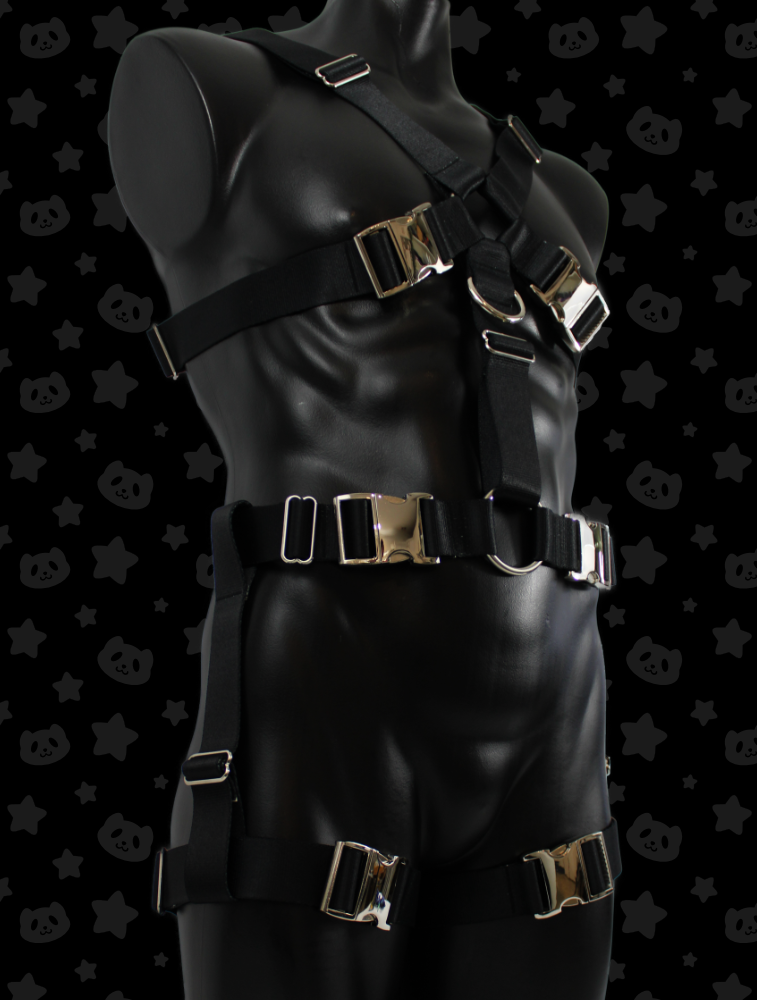 Chest Harness + Leg Straps - Black with Silver Metal Hardware