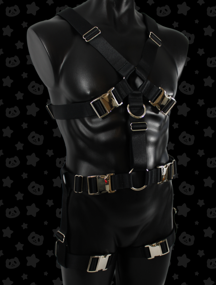 Chest Harness + Leg Straps - Black with Silver Metal Hardware