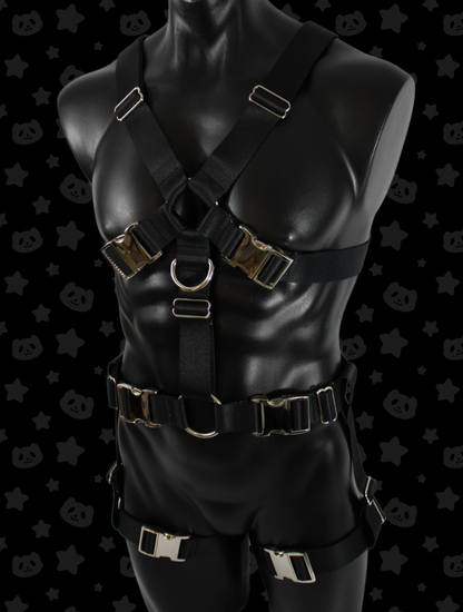 Chest Harness + Leg Straps - Black with Silver Metal Hardware