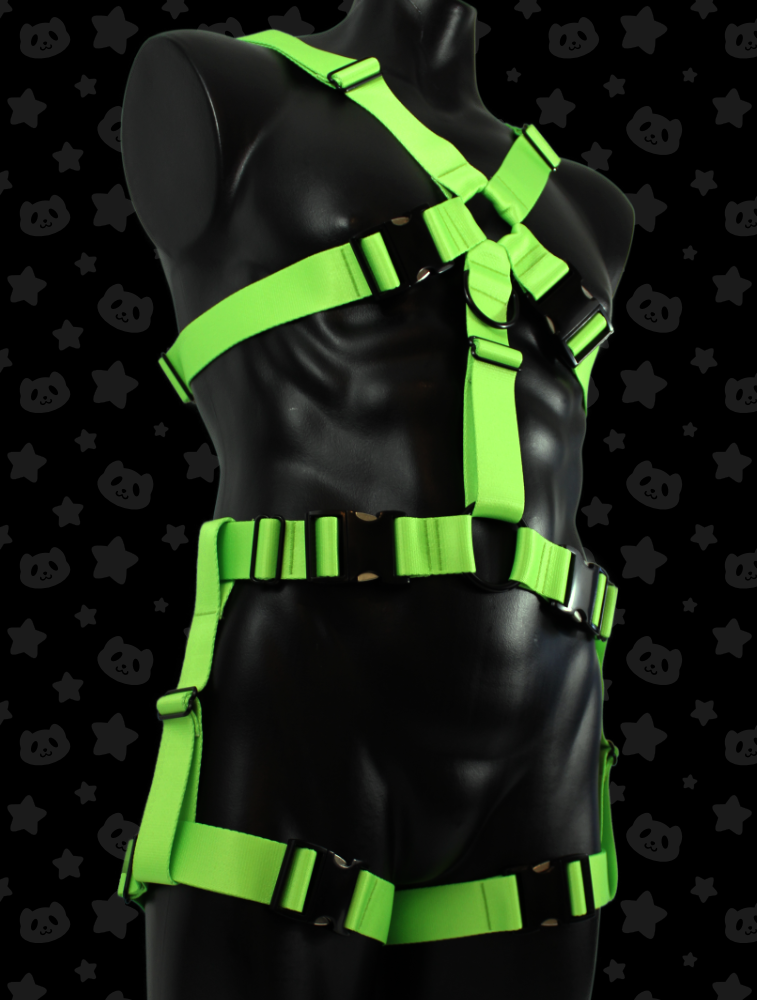 Chest Harness + Leg Straps - Lime Green with Black Metal Hardware