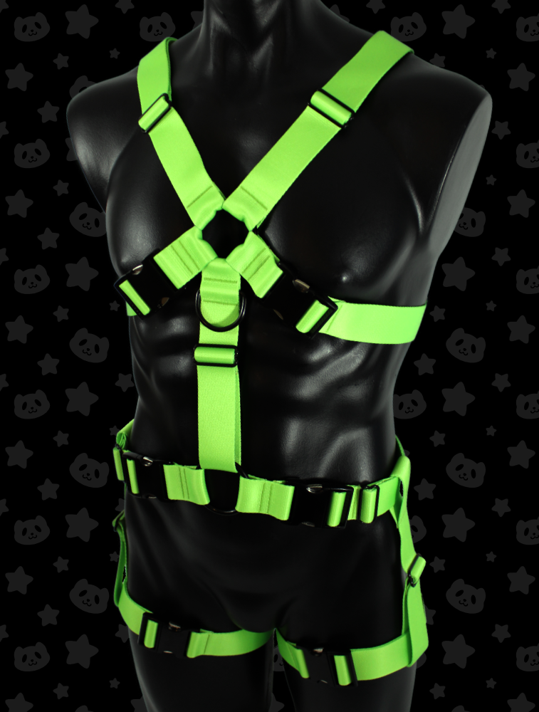 Chest Harness + Leg Straps - Lime Green with Black Metal Hardware