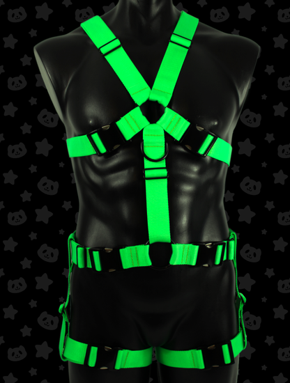 Chest Harness + Leg Straps - Neon Green (UV Reactive) with Black Metal Hardware