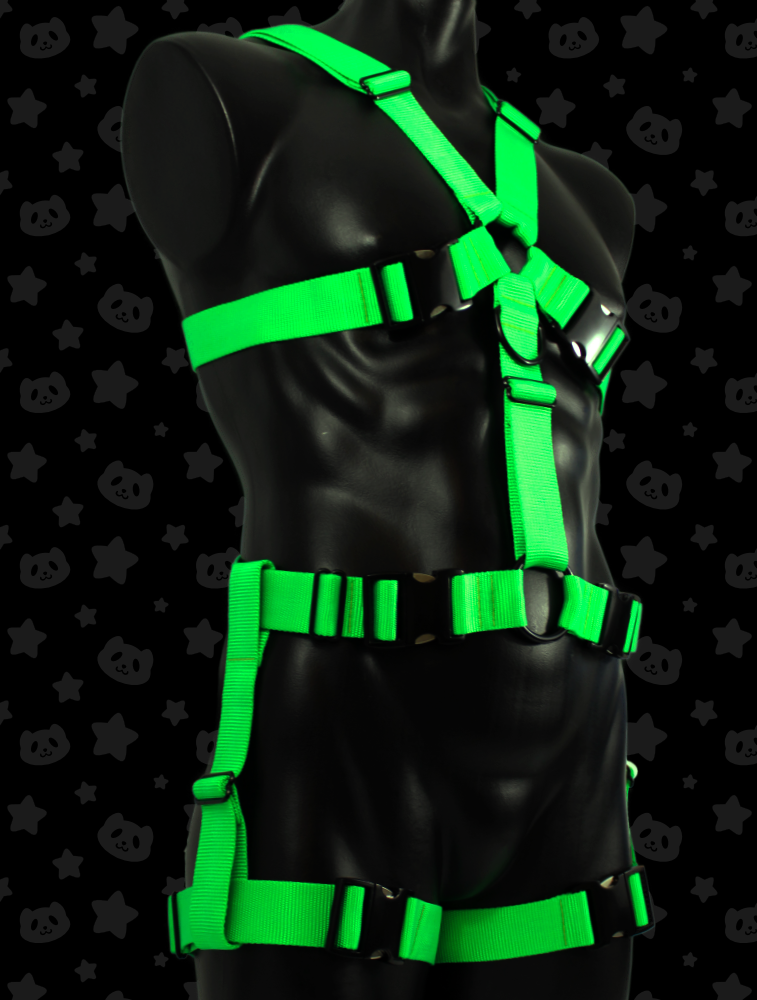 Chest Harness + Leg Straps - Neon Green (UV Reactive) with Black Metal Hardware