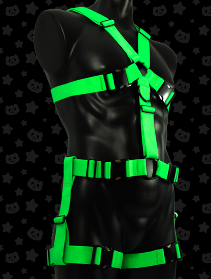 Chest Harness + Leg Straps - Neon Green (UV Reactive) with Black Metal Hardware