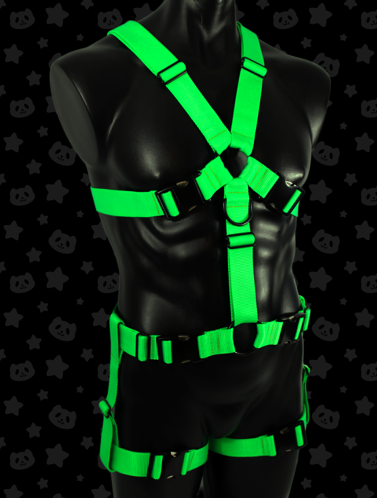 Chest Harness + Leg Straps - Neon Green (UV Reactive) with Black Metal Hardware