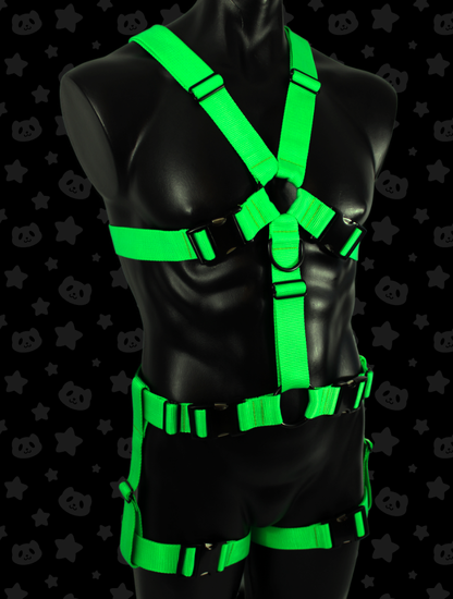 Chest Harness + Leg Straps - Neon Green (UV Reactive) with Black Metal Hardware