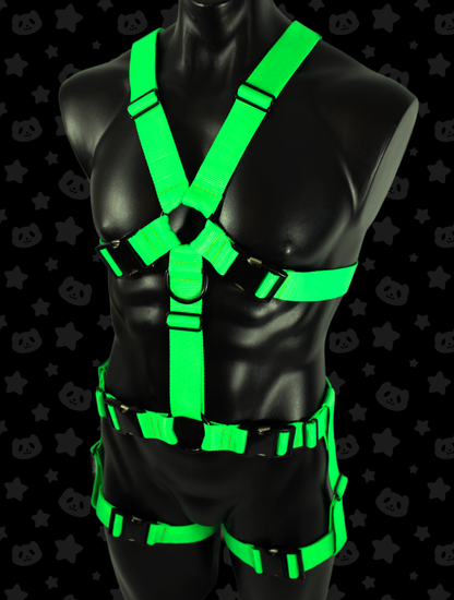 Chest Harness + Leg Straps - Neon Green (UV Reactive) with Black Metal Hardware