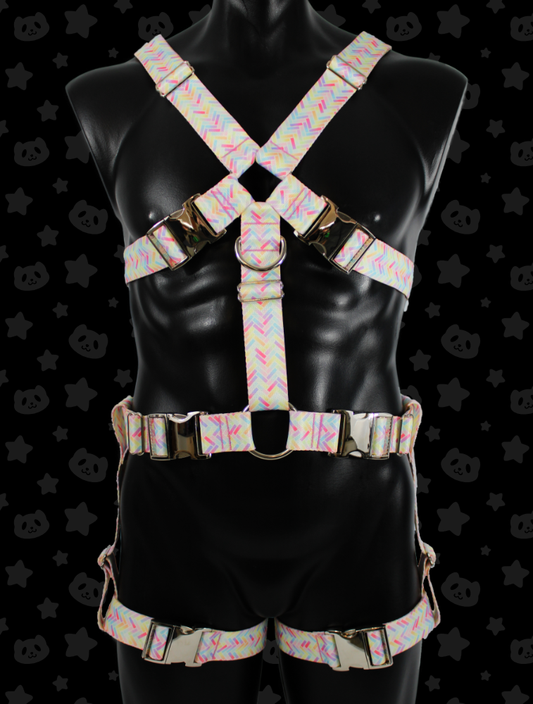 Chest Harness + Leg Straps - Pastel Sprinkles with Silver Metal Hardware