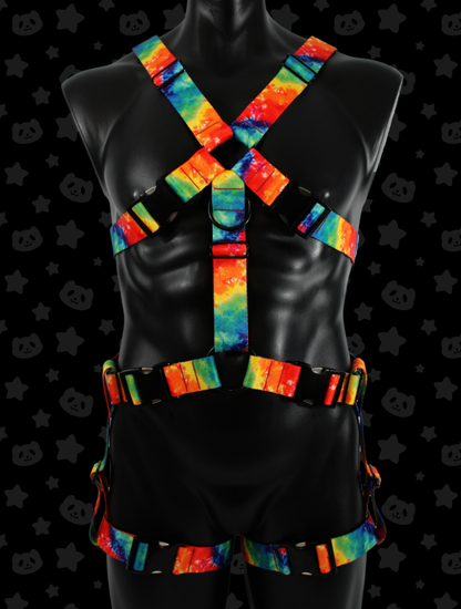 Chest Harness + Leg Straps - Rainbow Tie-dye with Black Metal Hardware