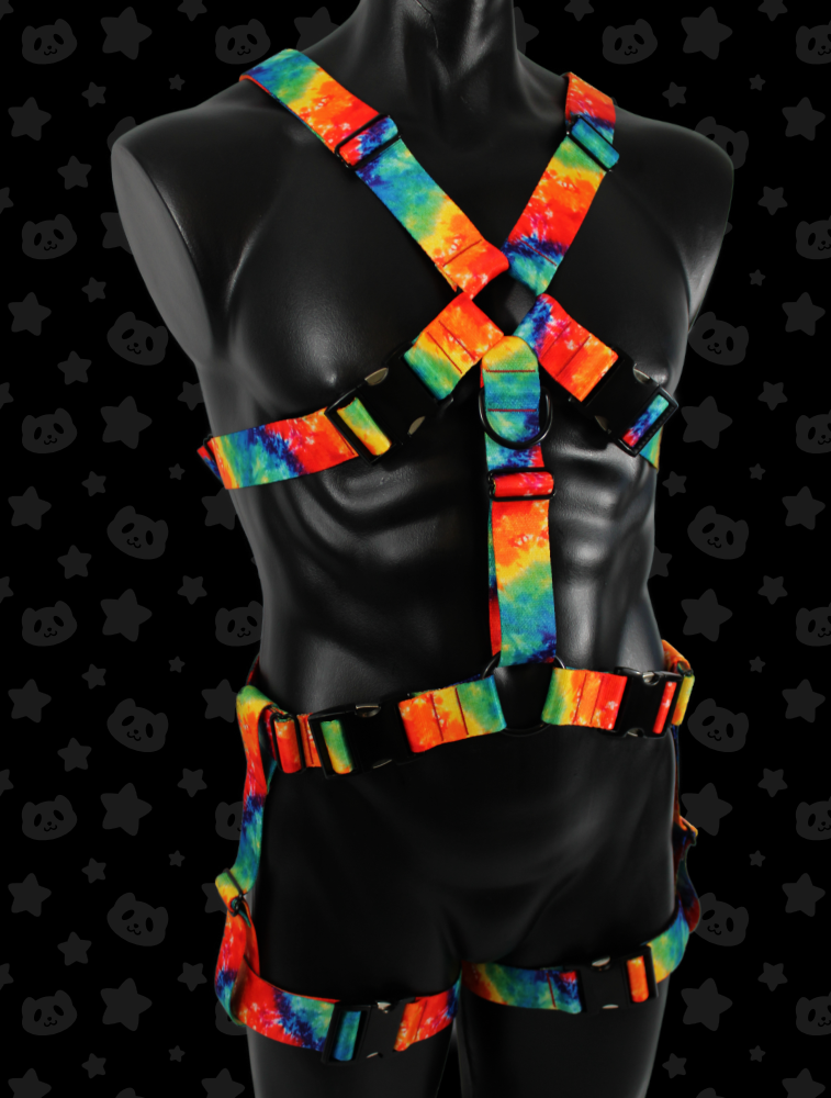 Chest Harness + Leg Straps - Rainbow Tie-dye with Black Metal Hardware