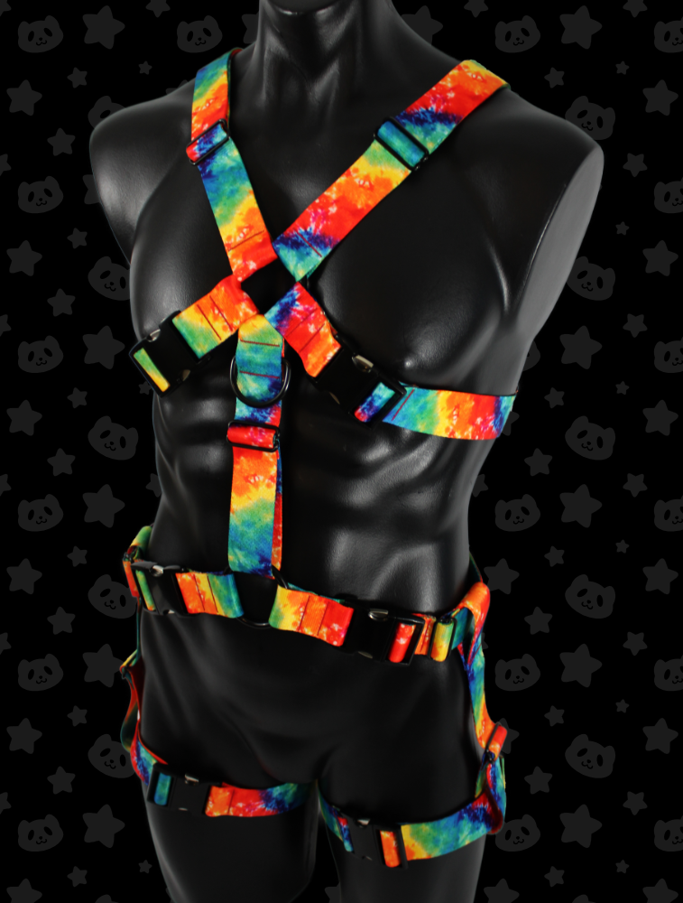 Chest Harness + Leg Straps - Rainbow Tie-dye with Black Metal Hardware