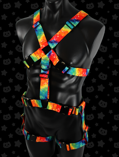 Chest Harness + Leg Straps - Rainbow Tie-dye with Black Metal Hardware