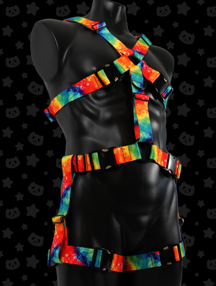 Chest Harness + Leg Straps - Rainbow Tie-dye with Black Metal Hardware