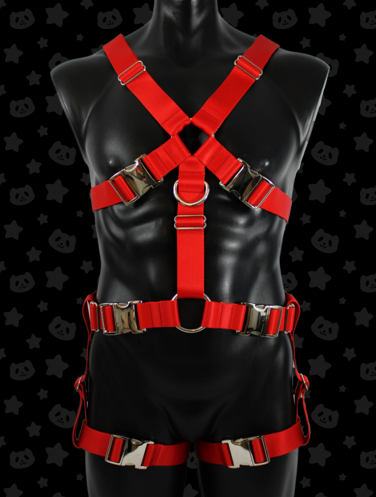 Chest Harness + Leg Straps - Red with Silver Metal Hardware