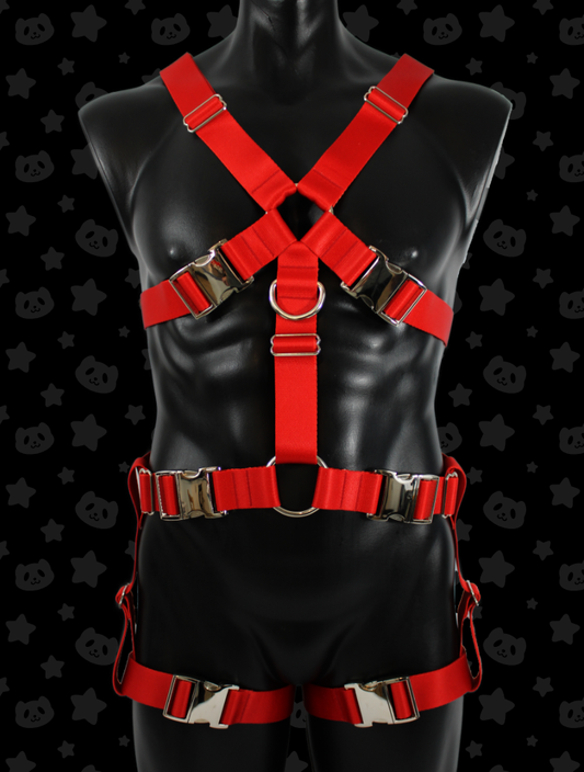 Chest Harness + Leg Straps - Red with Silver Metal Hardware