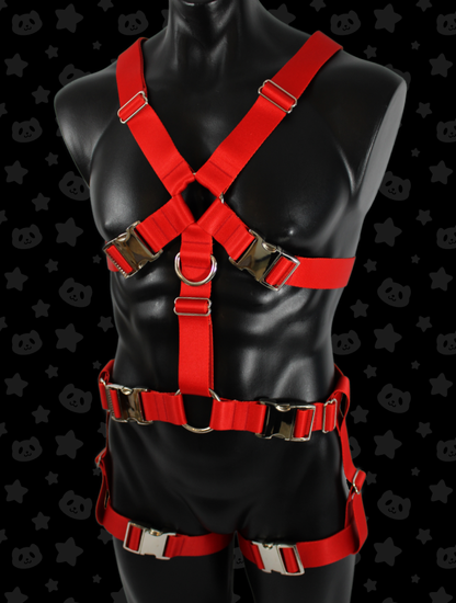 Chest Harness + Leg Straps - Red with Silver Metal Hardware