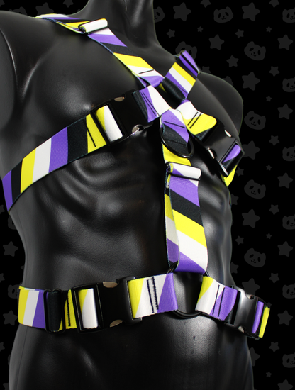 Chest Harness - Non-Binary Pride with Black Metal Hardware