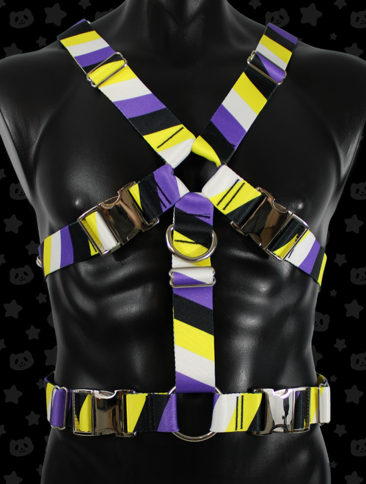 Chest Harness - Non-Binary Pride with Silver Metal Hardware