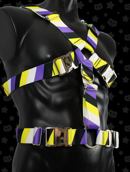 Chest Harness - Non-Binary Pride with Silver Metal Hardware