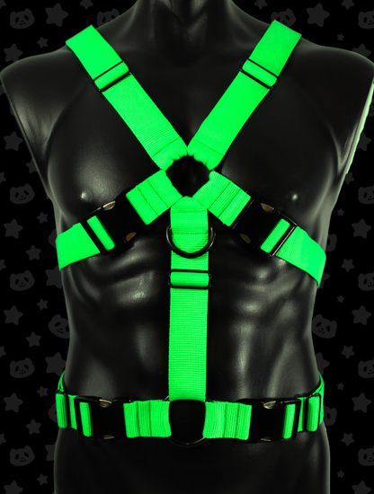 Chest Harness - Neon Green (UV Reactive) with Black Metal Hardware