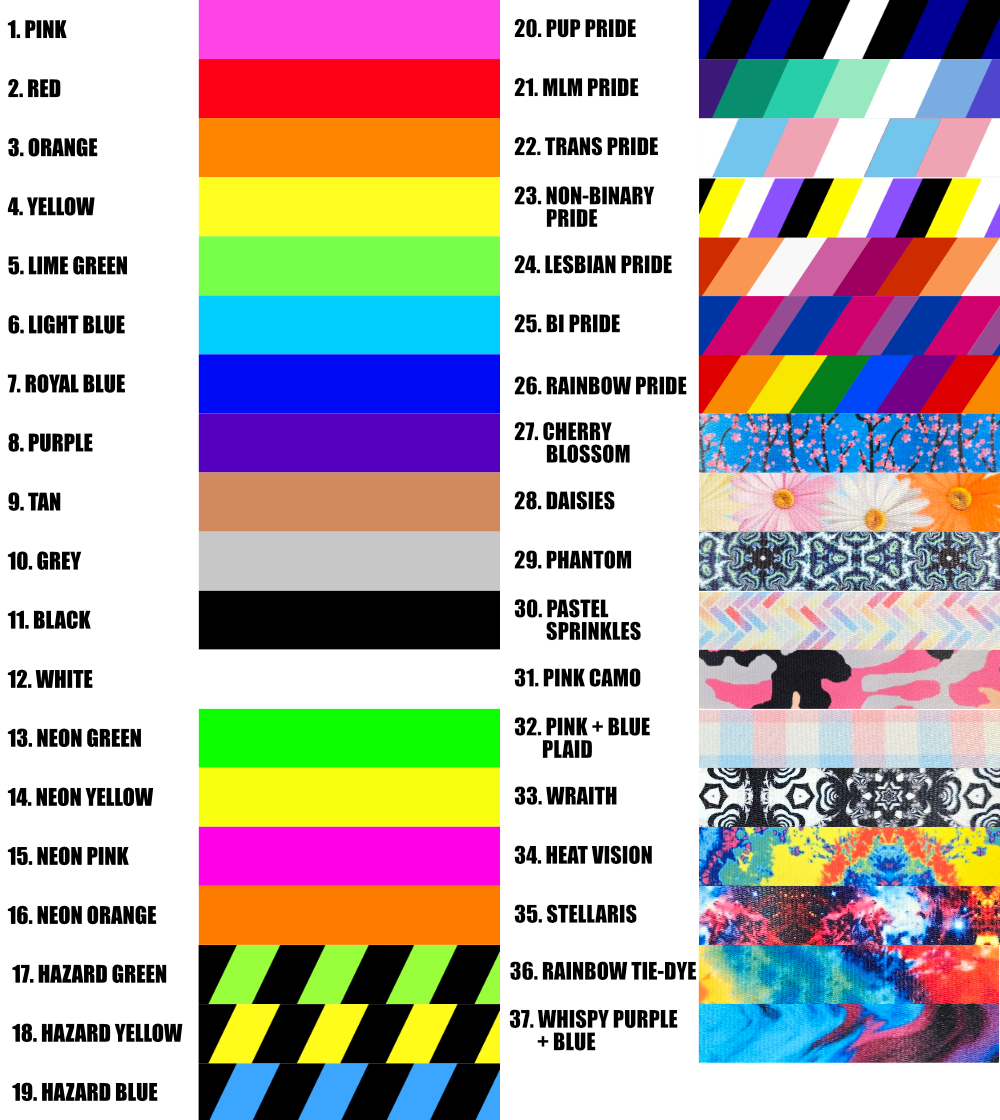 Color swatches and patterned bands with corresponding labels on a white background