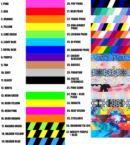Color swatches and patterned bands with corresponding labels on a white background