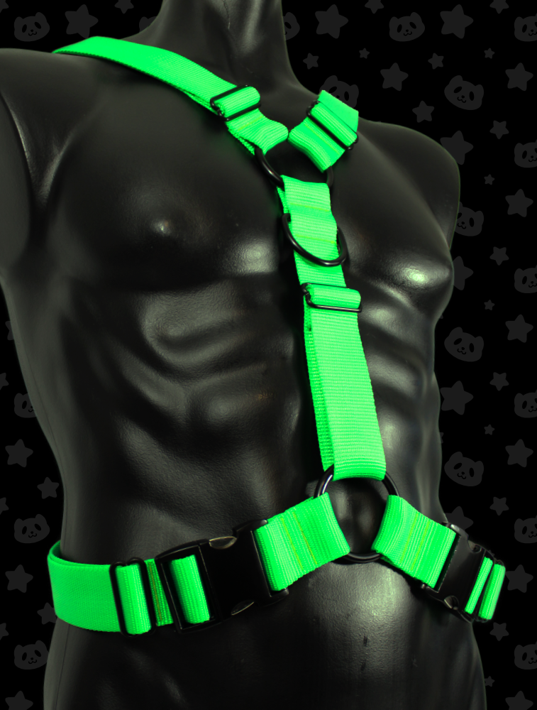 Y Harness - Neon Green (UV Reactive) with Black Metal Hardware