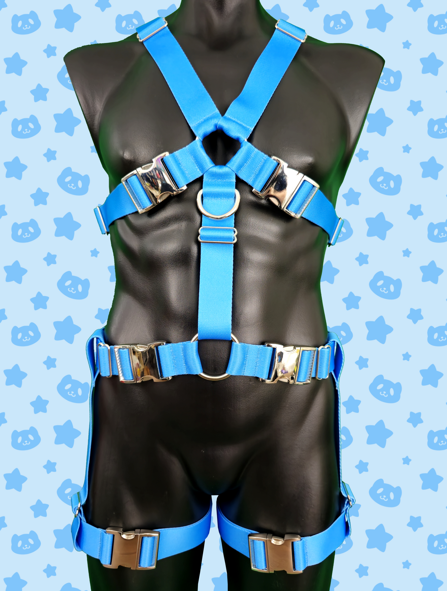 Chest Harness + Leg Straps - Light Blue with Silver Metal Hardware